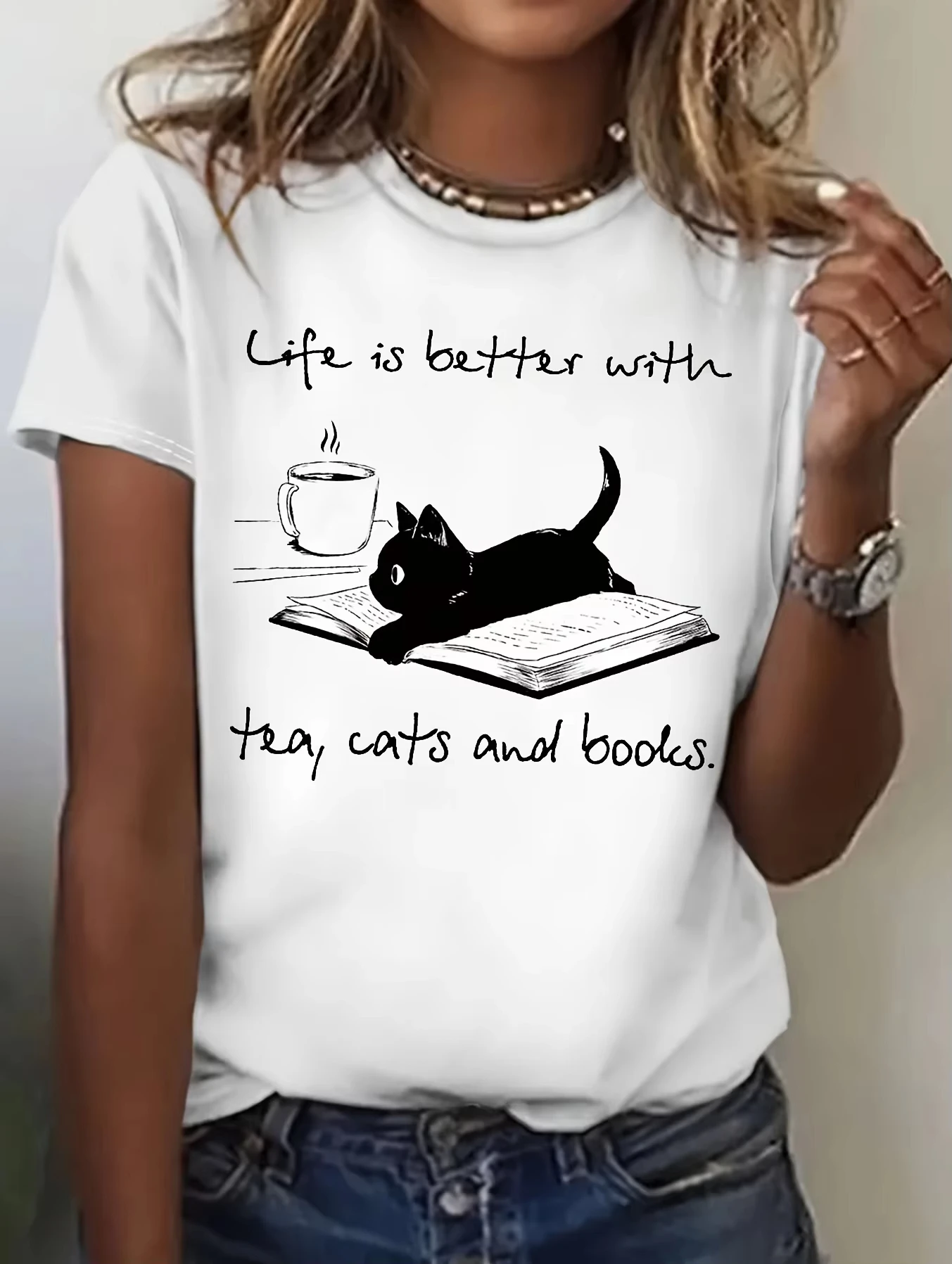 

[Casual Cat Tee] Comfortable Women's Casual Cat & Book Graphic Print Women's Harajuku Sleeve Casual T-shirt Clothing Street