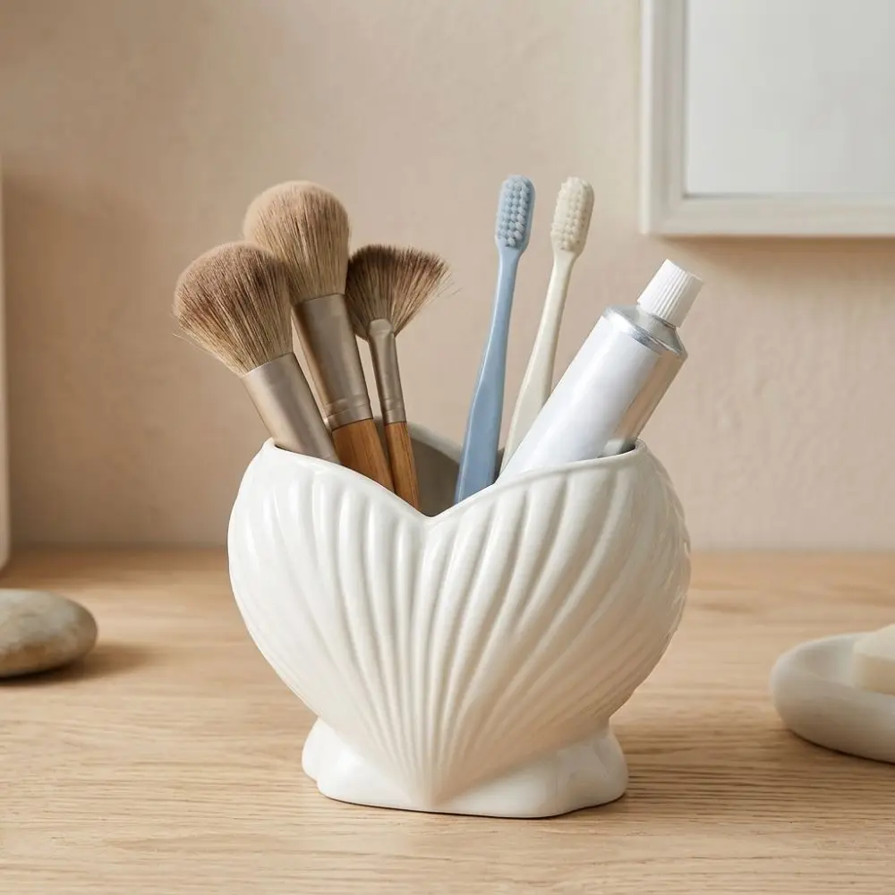 3D Printed Shell Shape Toothpaste Toothbrush Holder Aesthetic Coastal Style Makeup Brush Stand Stable Base Plastic