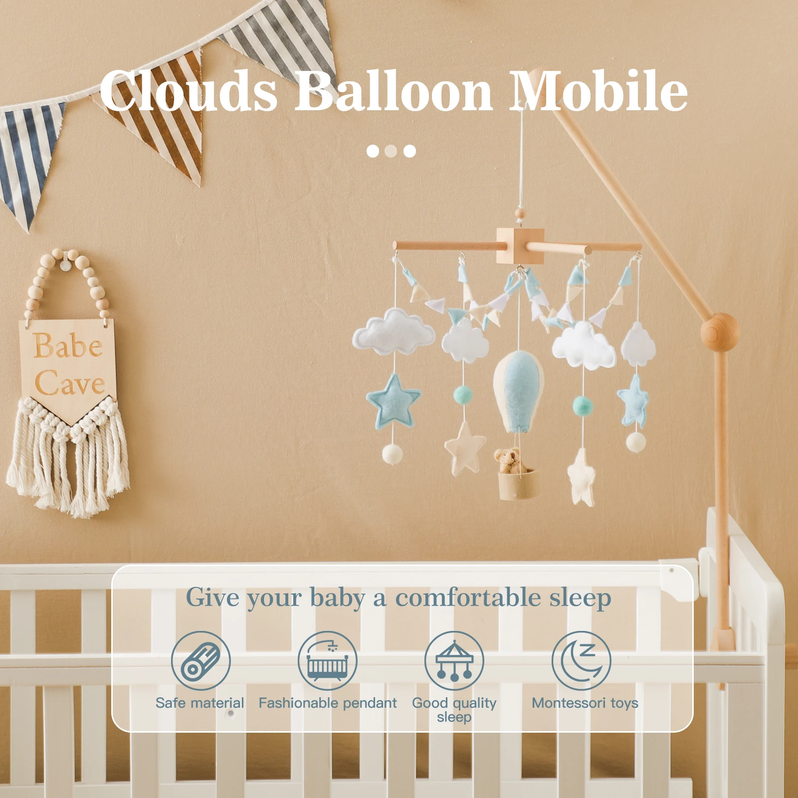 Baby Crib Mobile Bed Bell Soft Felt Hot Air Balloon Wind Chime Pendant Bed Bell Wooden Newborn Comfort Bed Bell Toys Baby Gift