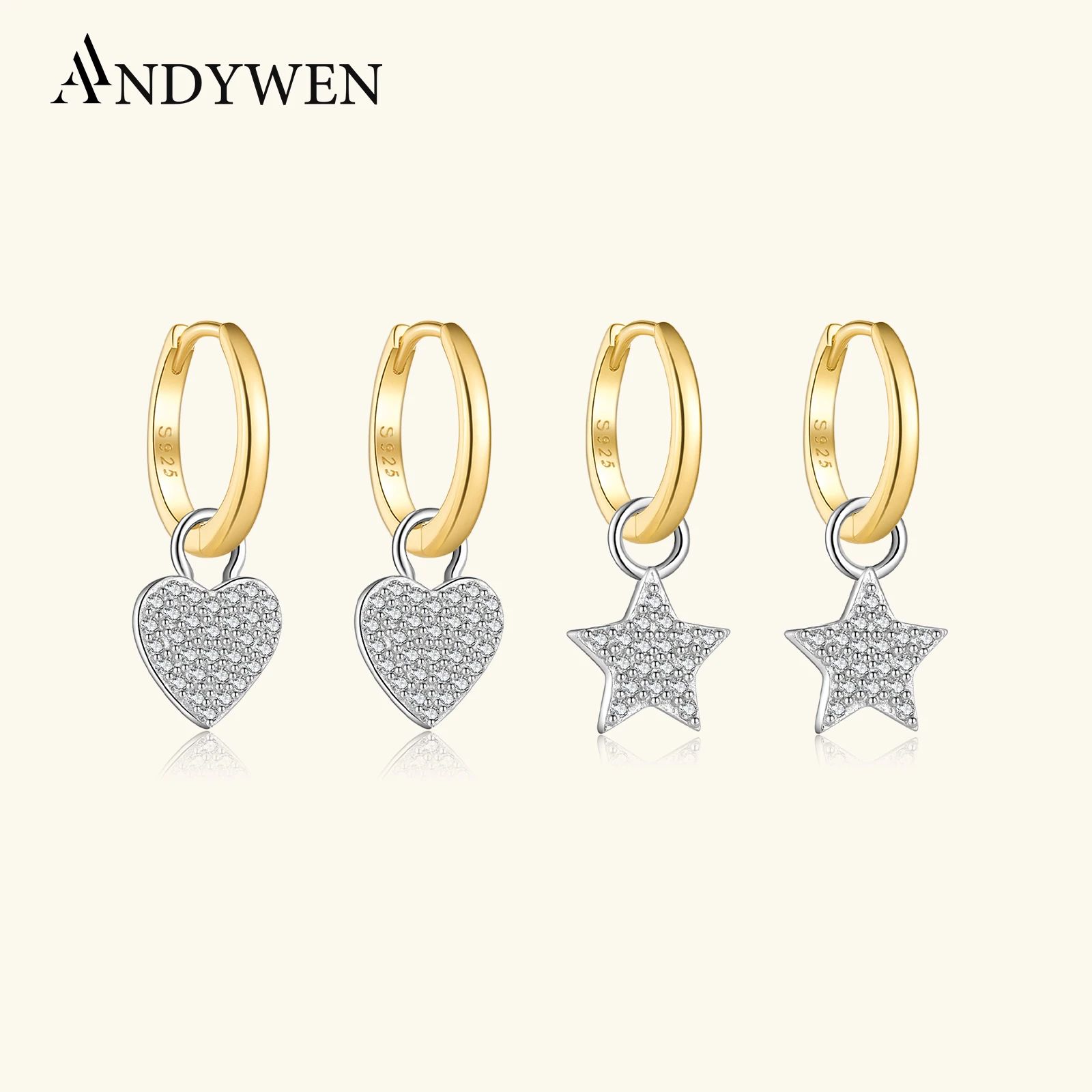 

ANDYWEN 925 Sterling Silver Gold Heart Star Drop Earrings Full CZ Zircon for Women Luxury Trendy Party Wedding Jewelry Gift
