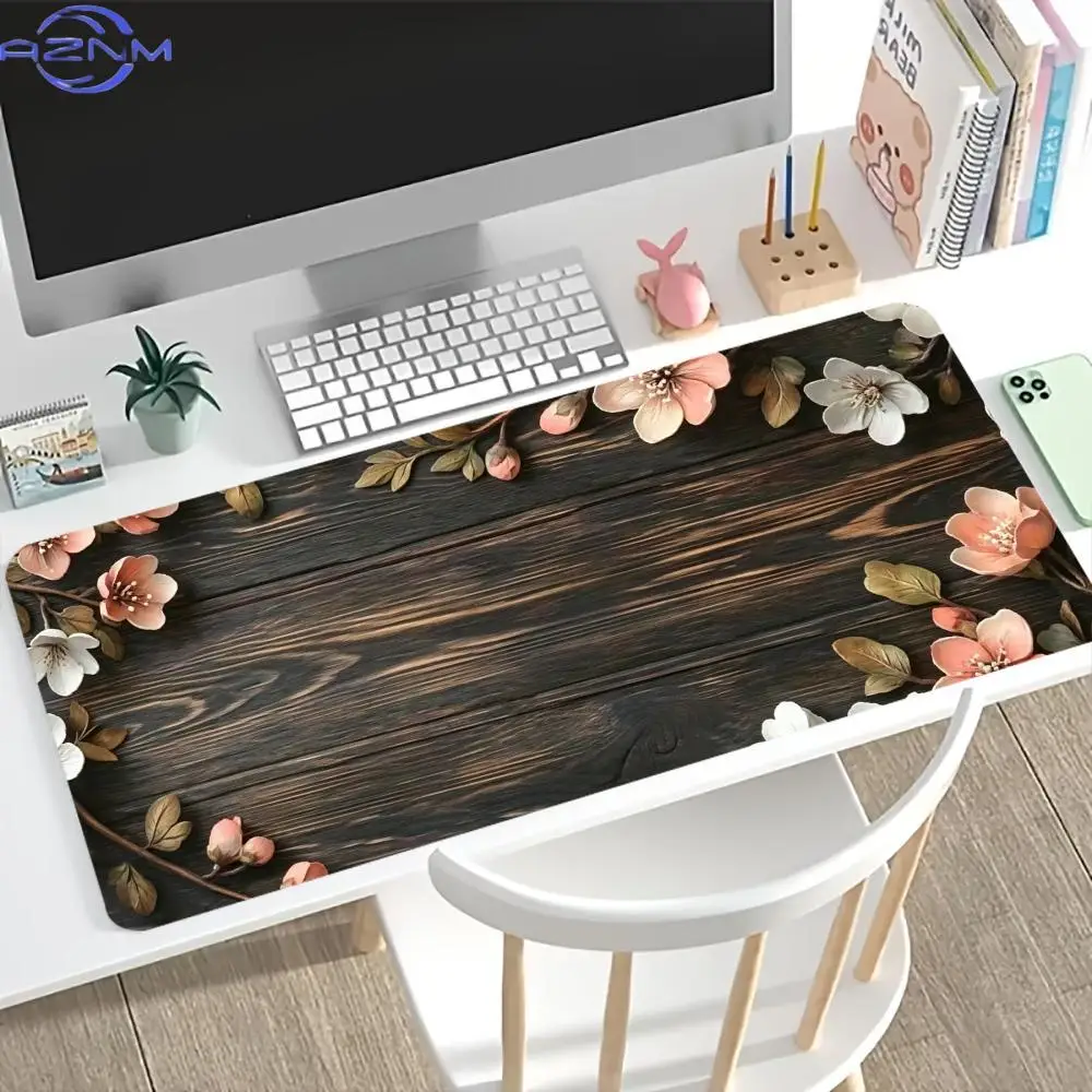 Large Desk Mat Rustic Wood Floral Print Anti Slip Rubber Lock Edge Oversized Gaming Pad For Laptop Office Computer Supply