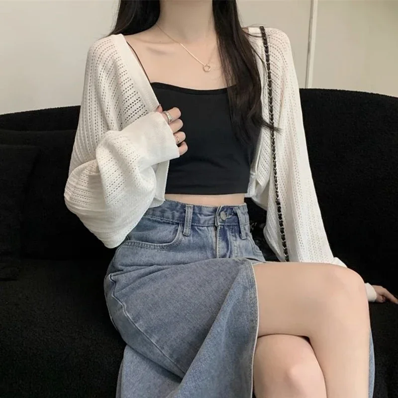 

Fashion Hollow Out Sunscreen Cardigan Women Lantern Sleeve Thin Short Knitted Cardigans Woman Elegant Simple Crop Smock Top