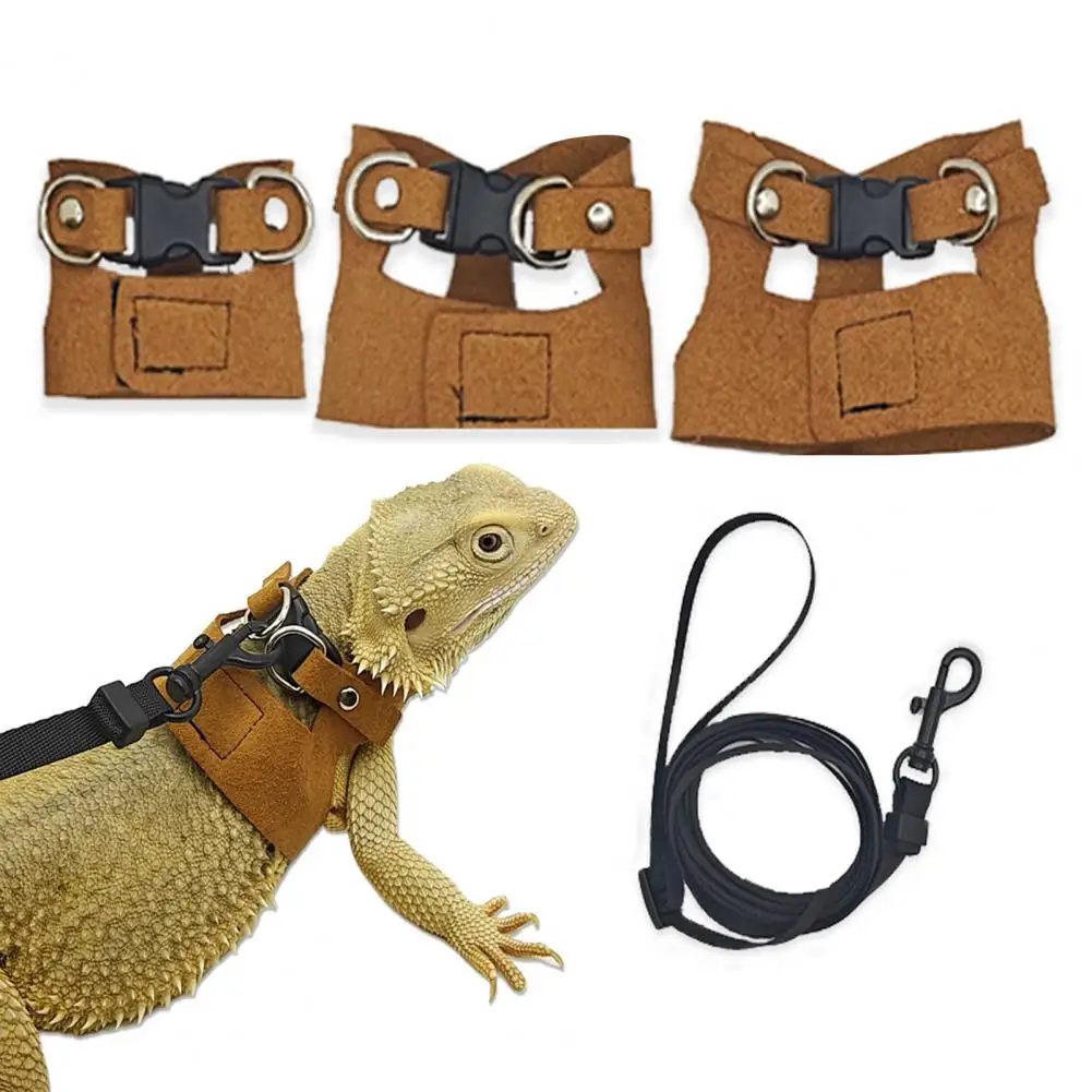 Anti-rust Swivel Hook Lizard Leash Bearded Dragon Harness Leash Set Adjustable Faux Leather Walking Vest Retractable for Small
