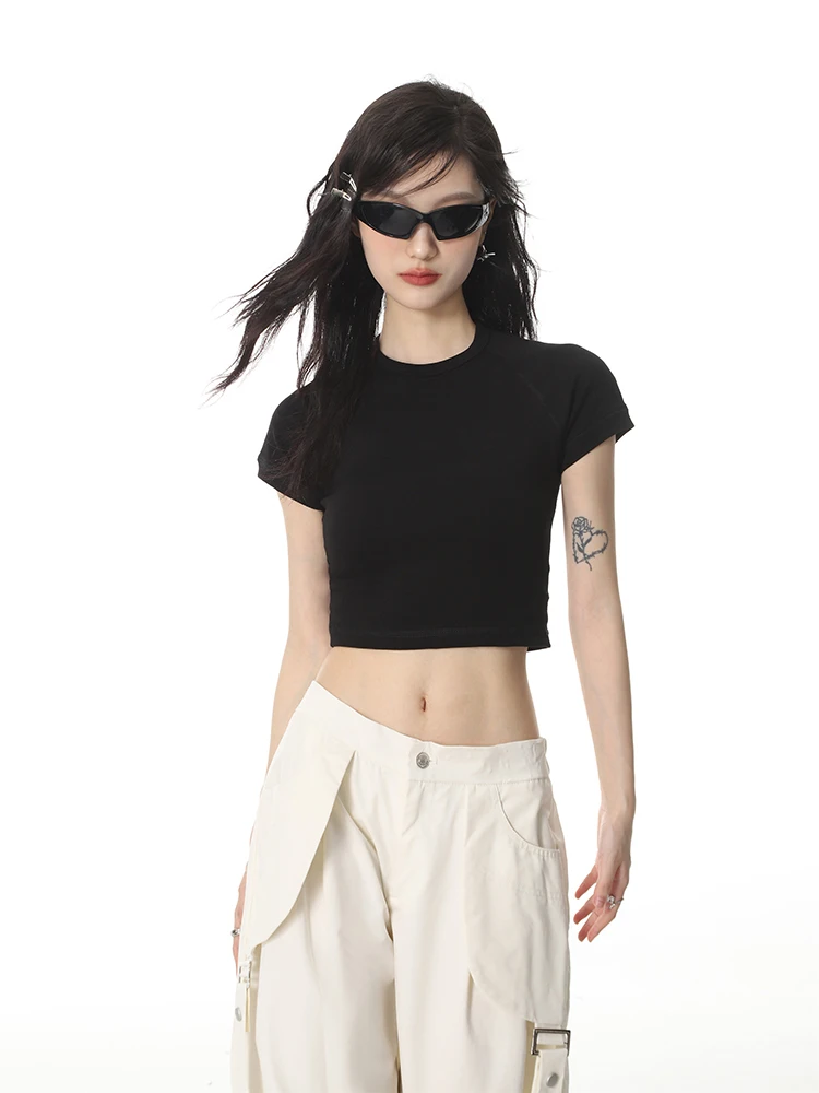 

Американская черная футболка с короткими рукавами и передними плечами, женская весенне-летняя облегающая короткая футболка Spice Girl