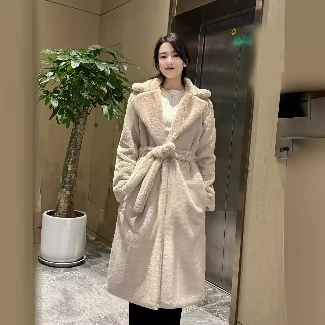 Winter Belted Women Artificial Fur Overcoat Long Lapel Collar Pockets Female Mink Fur Coat Cinched Waist Slim Lady Eco Fur Coat