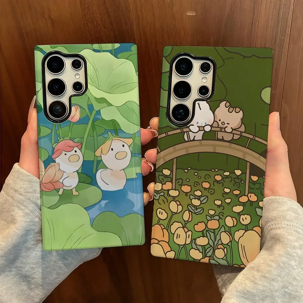 

Green Plant Cute Cat Phone Case For Samsung S25 Film Shell Luxury GalaxyS24Ultra 23plus S22 21 A56 36 26 16 Double layer Cover