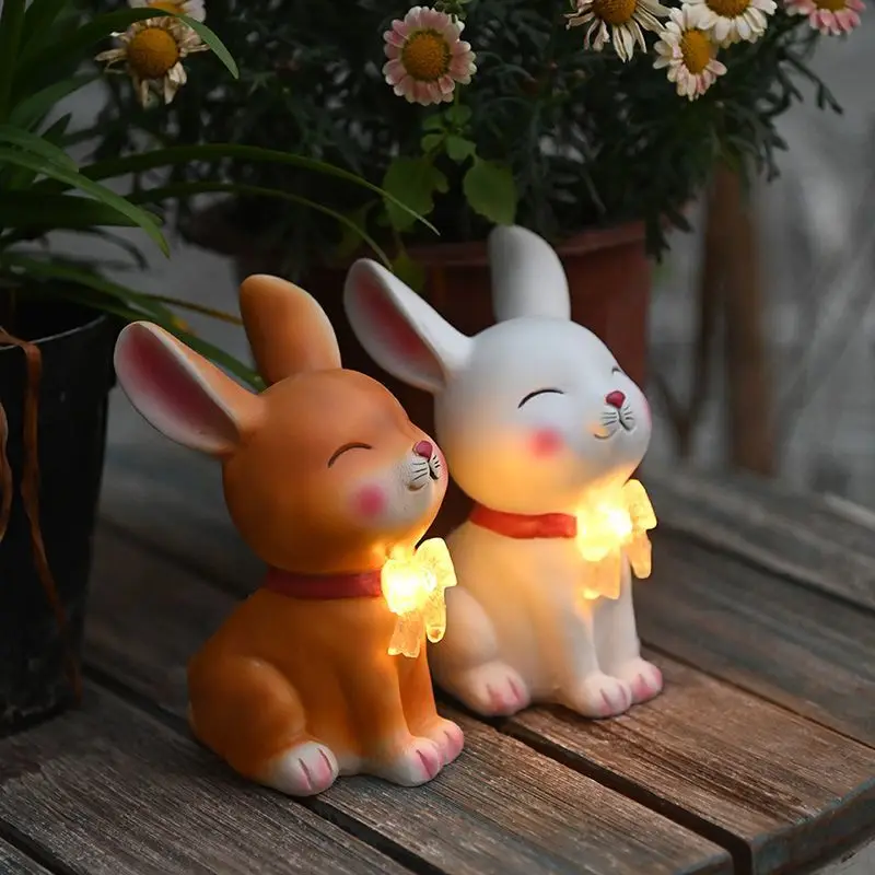 Cute Resin Garden Easter Bunny Statue Outdoor Lawn Yard Bow-Knot Rabbit Figurine Ornaments Home Courtyard Balcony Solar Décor