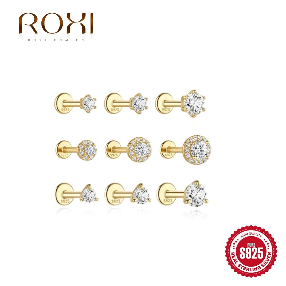 ROXI 1PC Boucle d'oreille minimaliste en argent S925 doré avec zircon rond, piercing halo CZ multi-tailles pour cartilage, à porter au quotidien