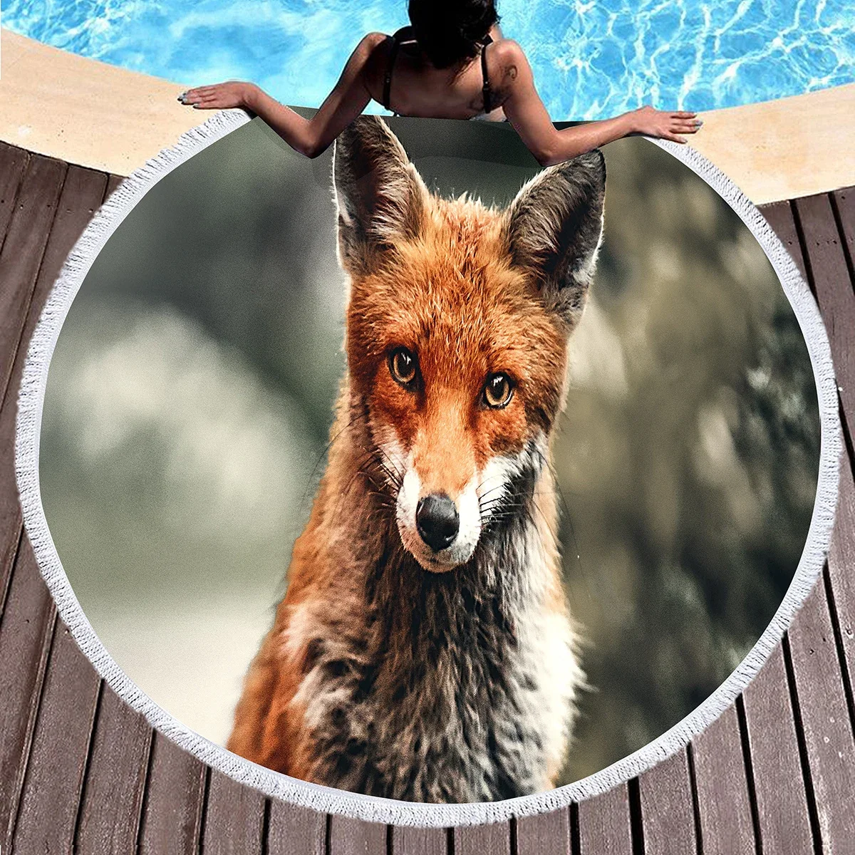 Kawaii الثعلب منشفة الشاطئ المستديرة ، بطانية شاطئ مطبوعة على شكل حيوانات برية ، لينة الغابات الحيوان تحت عنوان ريفي الثعلب طباعة بركة منشفة سجادة للرحلات #3