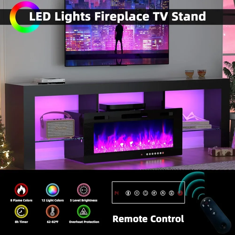 Modern 70" TV Fireplace Stand with 12-Color LED Lights & 12-Color Flame, High Gloss Floating Fireplace Entertainment Center