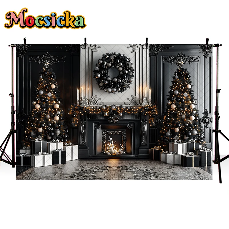 Mocsicka Xmas Indoor Fireplace Background Photography Christmas Tree Garland Decor Child Adult Family Photo Backdrop Studio