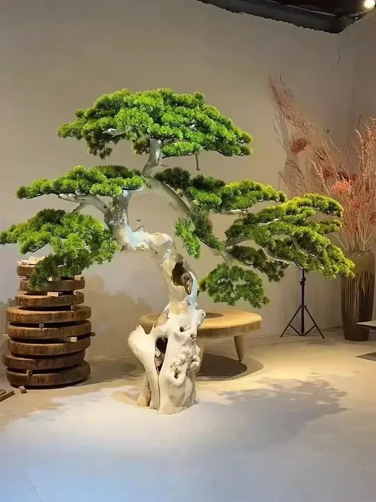 New Chinese Style Artificial Greeting Pine Solid Wood Root Carving Fake Trees Hotel Lobby Decoration