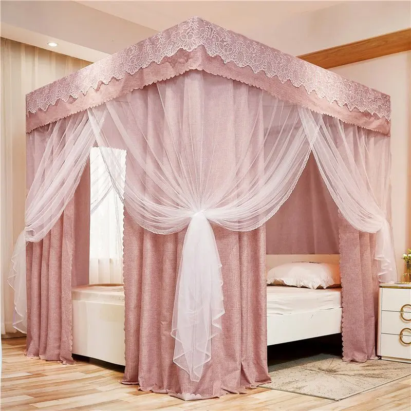 Blue Plaid  Mosquito Net For Bed, Princess Style 3-door Bed Curtain For Bedroom, Sunshade Thickened Mosquito Net Without Bracket