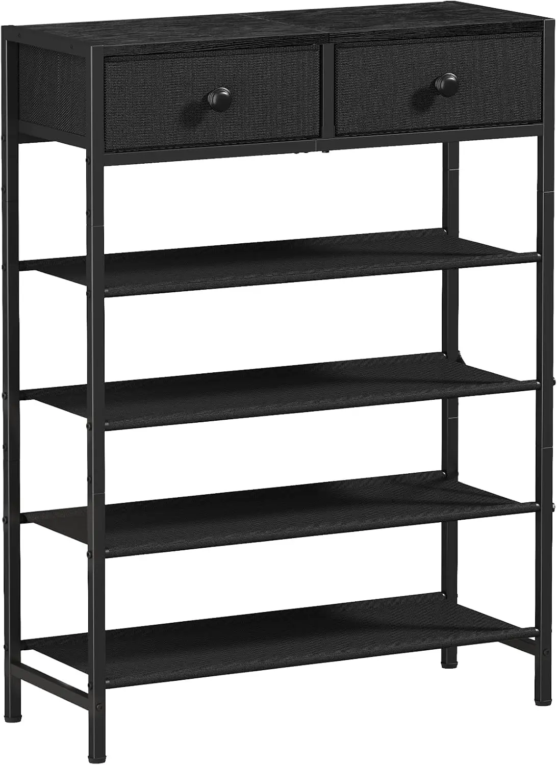 

5-Tier Metal Shoe Rack with 2 Drawers, Holds 16-20 Pairs, Wooden Top and Fabric Shelves for Closet or Entryway in Black