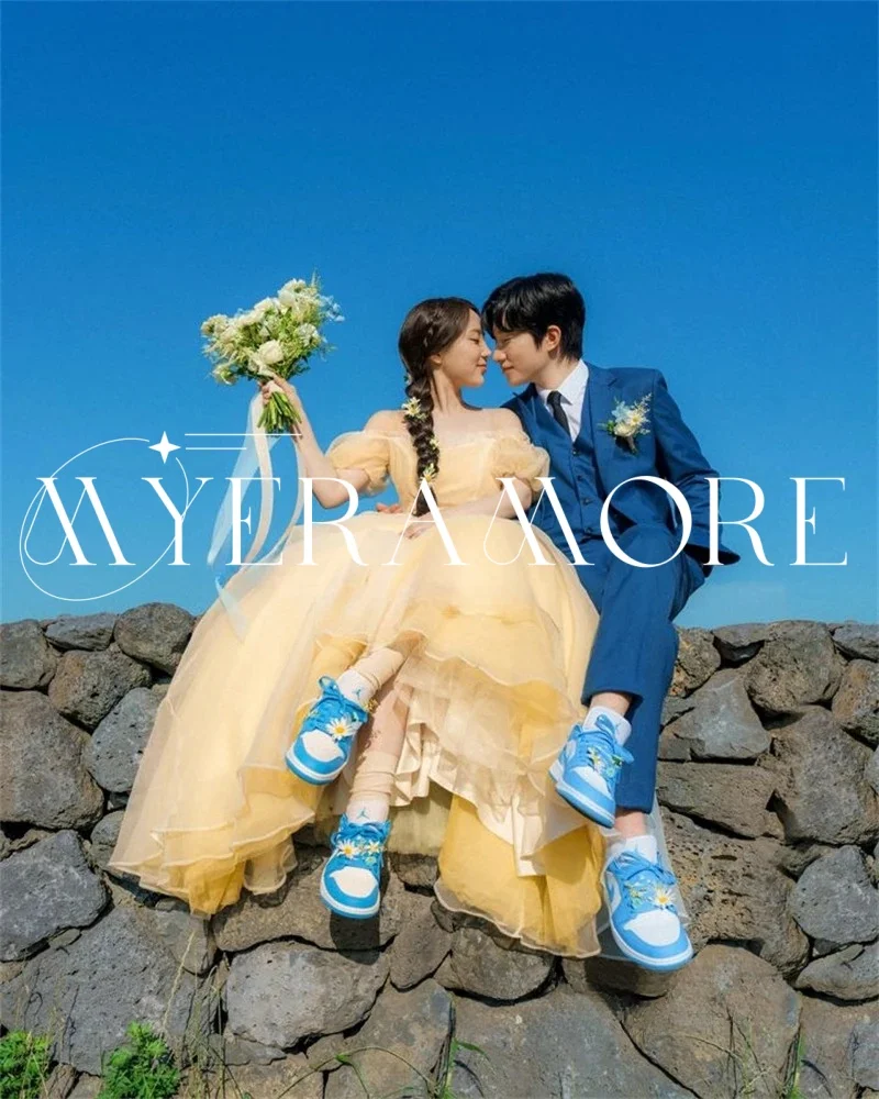 ชุดแต่งงานทรงเอไลน์ผ้าทูลล์แบบนางฟ้า ชุดเจ้าสาวเปิดไหล่ แขนพอง ชุดราตรีสำหรับงานพิธีการ  ชุดออกงาน  สามารถสั่งตัดได้