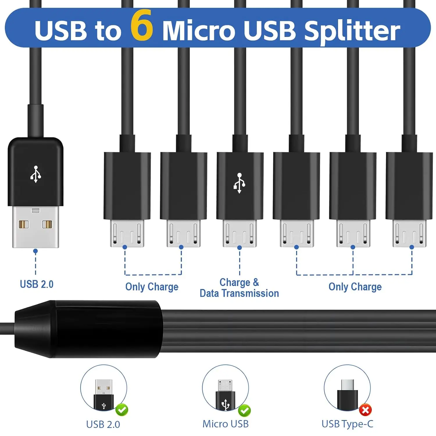 

Micro USB Splitter Cable 6 Micro USB Charging Cord USB 2.0 Type A Male to 6 Micro USB Male Adapter Multi Charging Micro USB Wire