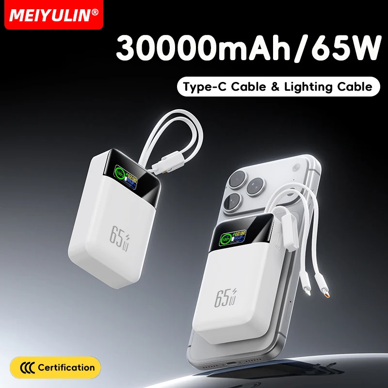 30000mAh Große Kapazität Powerbank 65W USB-C Kabel Schnellladegerät für iPhone 17 16 Samsung Laptop Tragbarer Mobiler Externer Akku