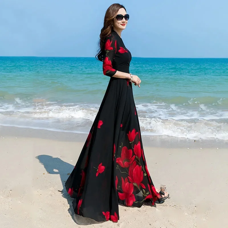 2024 Summer New Sexy Korean Version V-Neck Printed Chiffon Dress Women Waist-Length Temperament Big Swing Thin Beach Long Skirt