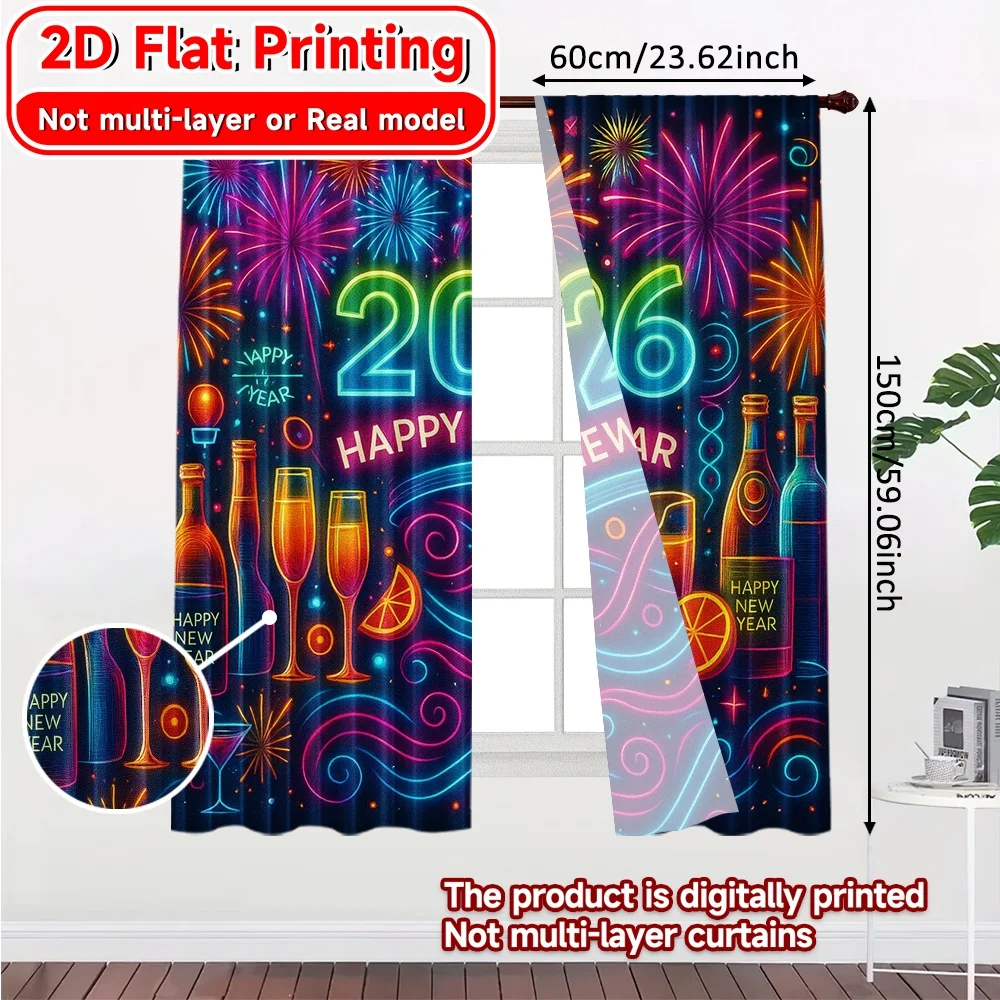 2D Flat Printing,2pcs NewYear2026Bliss Fashionable Popular Curtains Versatile Polyester Fabric Curtains Decorations Suitable for