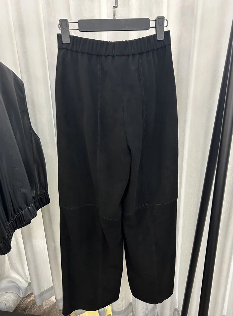 Retro 2025 Leather Ankle-Length Pants Women Elastic Waist Suede Sheepskin Wide Leg Length Straight Cylinder Trousers Black brown