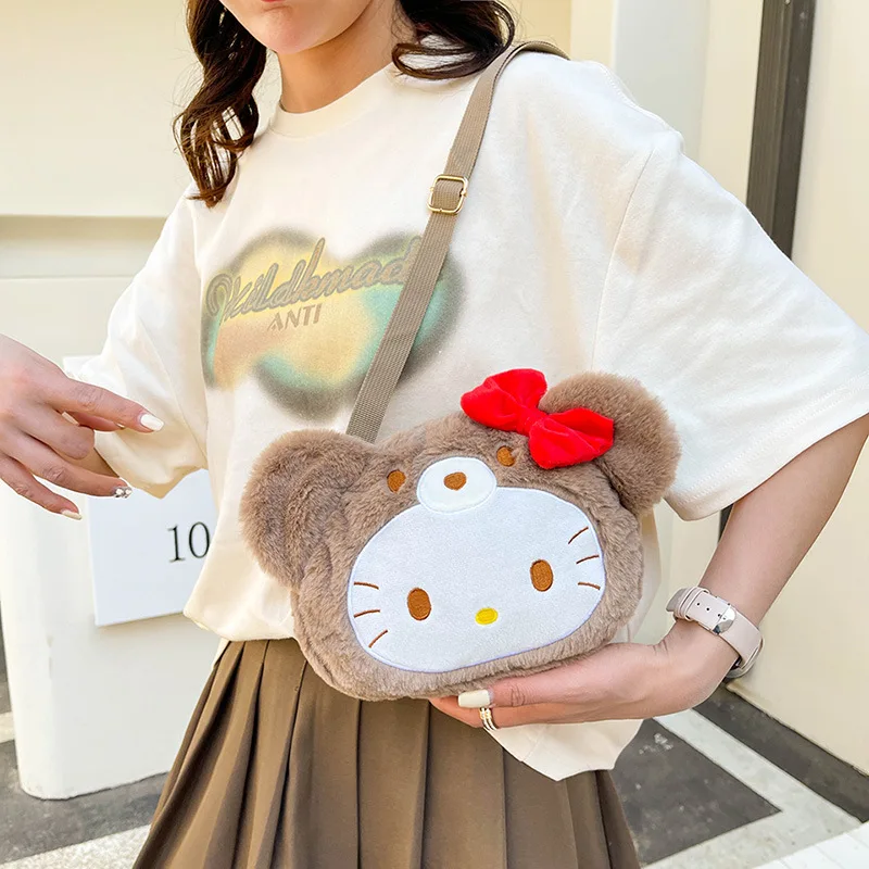 Sanrio Hello Kitty Plush Dolls Shoulder Bags Kawaii Handbags Cute Cartoon Anime Fluffy Backpacks Soft Casual Crossbody Girl Gift