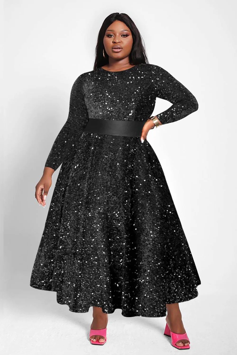 

Sequin Pleated A-Line Plus Size Dress Semi Formal Round Neck Long Sleeve Cocktail Spring Fashion Sequin Midi Dresses 2024