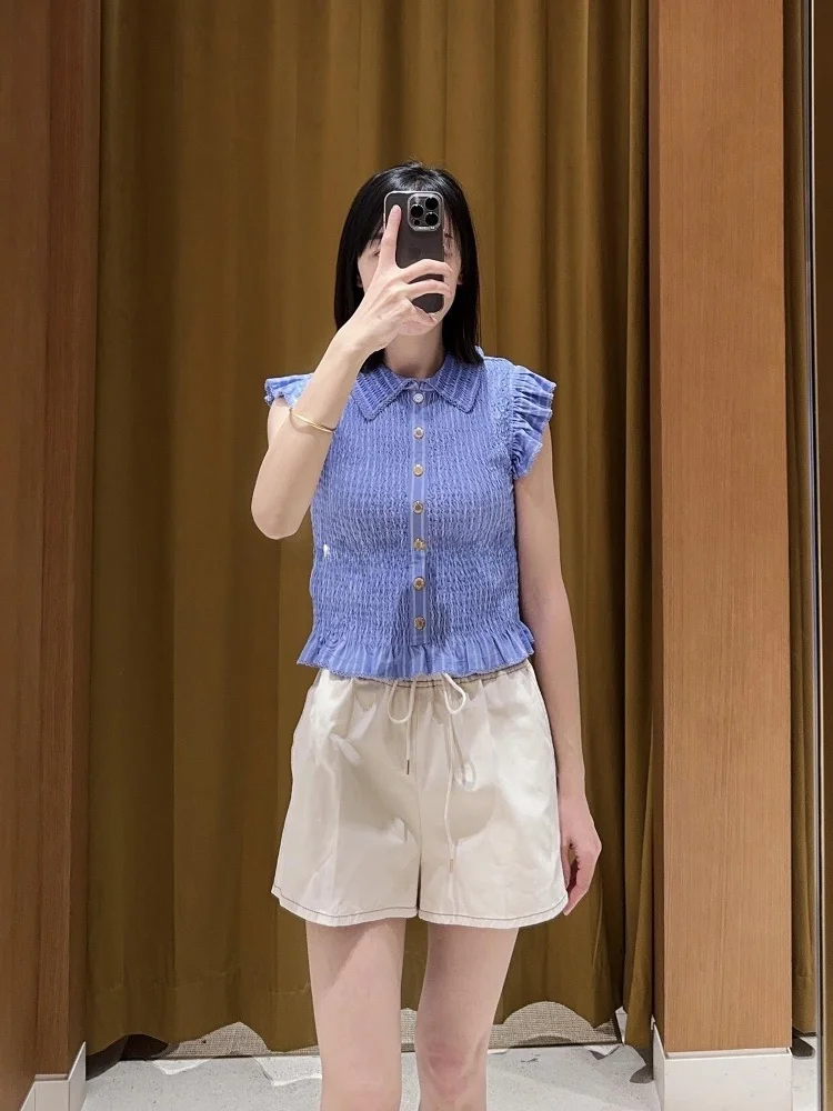 

Chic Summer New Sle Agel T irt with Pleated ort Bodycon Design Turn-down Collar Fly Sve Flounce Hem Top