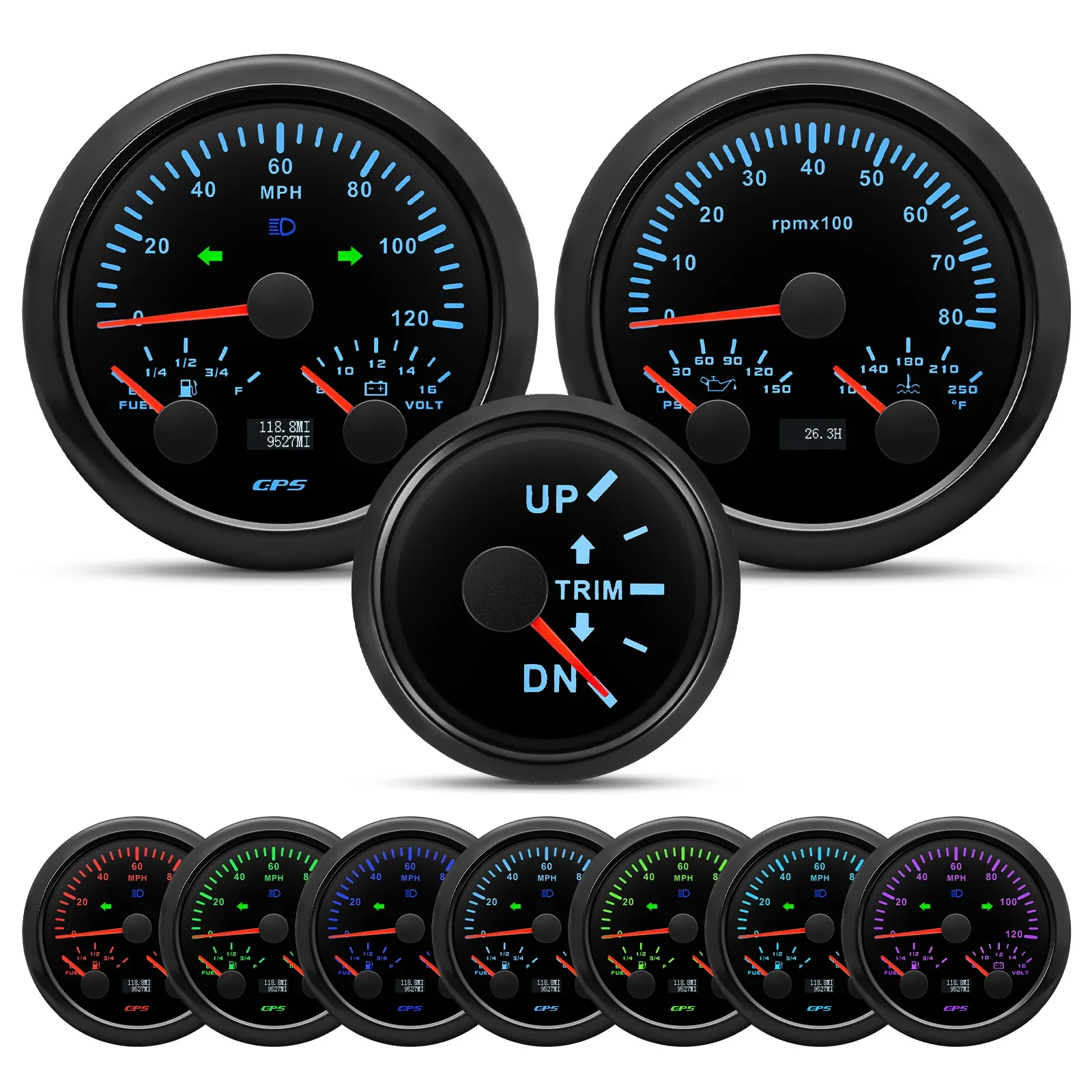 3 in 1 GPS Speedometer Fuel Gauge Voltmeter Tachometer Water Temp Oil Pressure Trim Gauge 1/8NPT Water Temp Oil Press Sensor