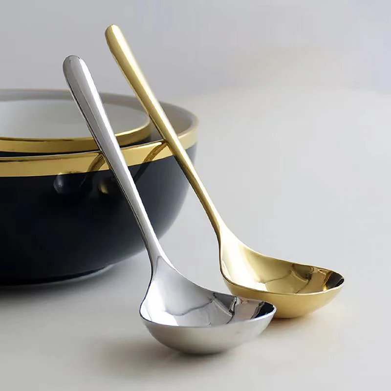 Stainless Steel Golden Long Handle Big Head Round Dessert Spoon Kitchen Stirring Gadget