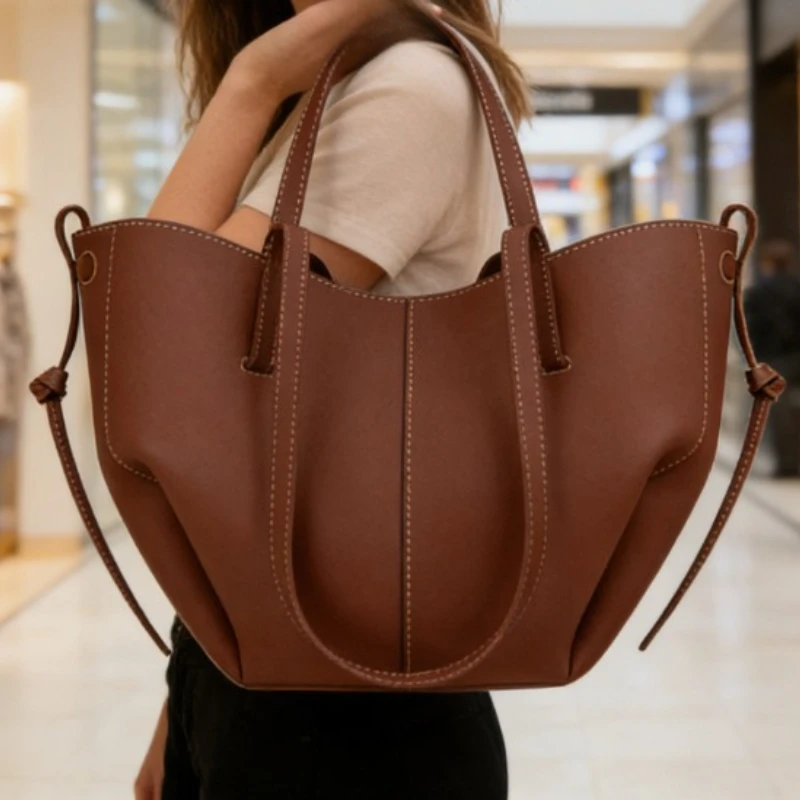 Cowhide womens handbag large capacity bucket bag with detachable inner bag stylish travel shopping casual commuting shoulder bag