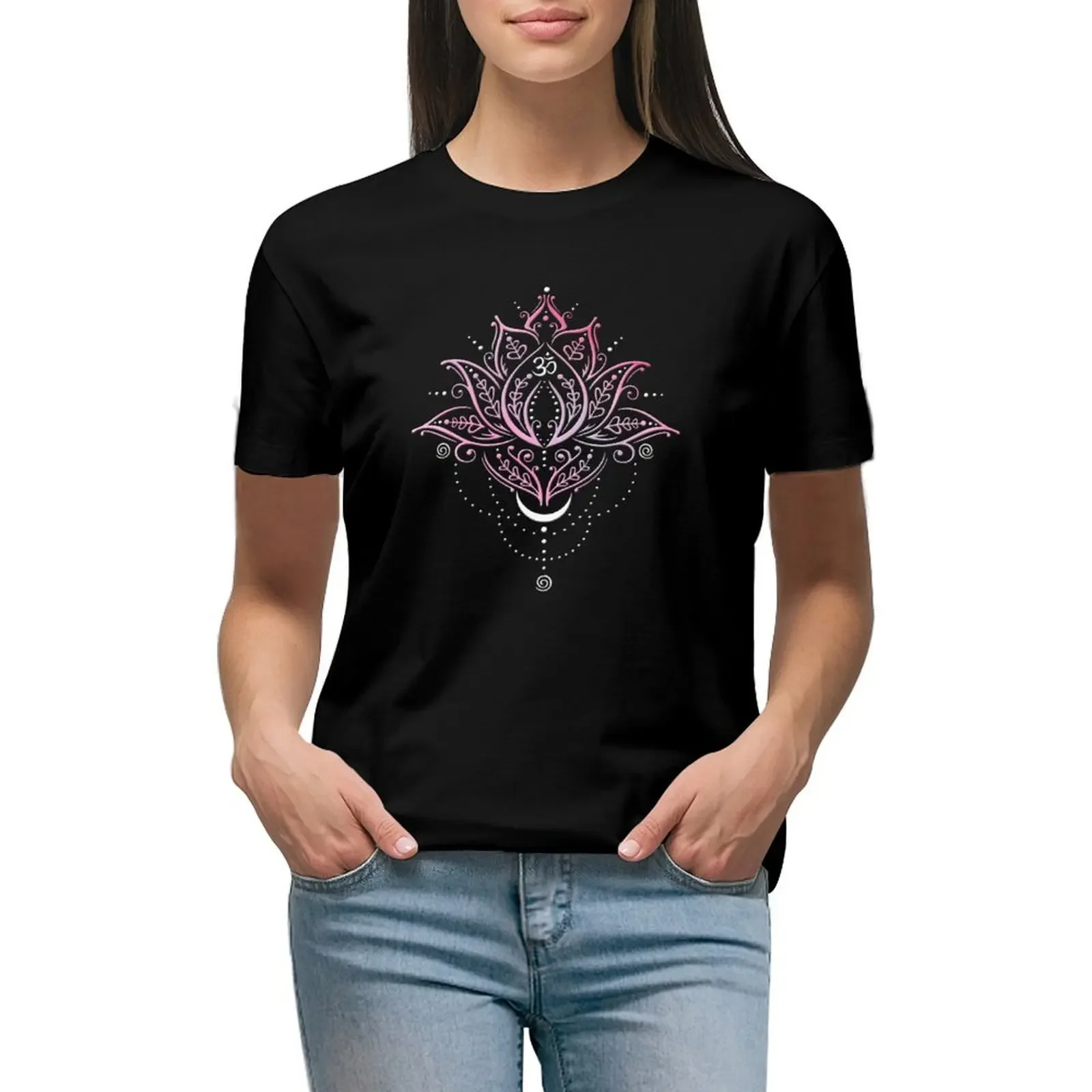 

Lotus with Moon and Om Symbol. Yoga. T-Shirt animal print cute tops lady clothes western t-shirt dress for Women