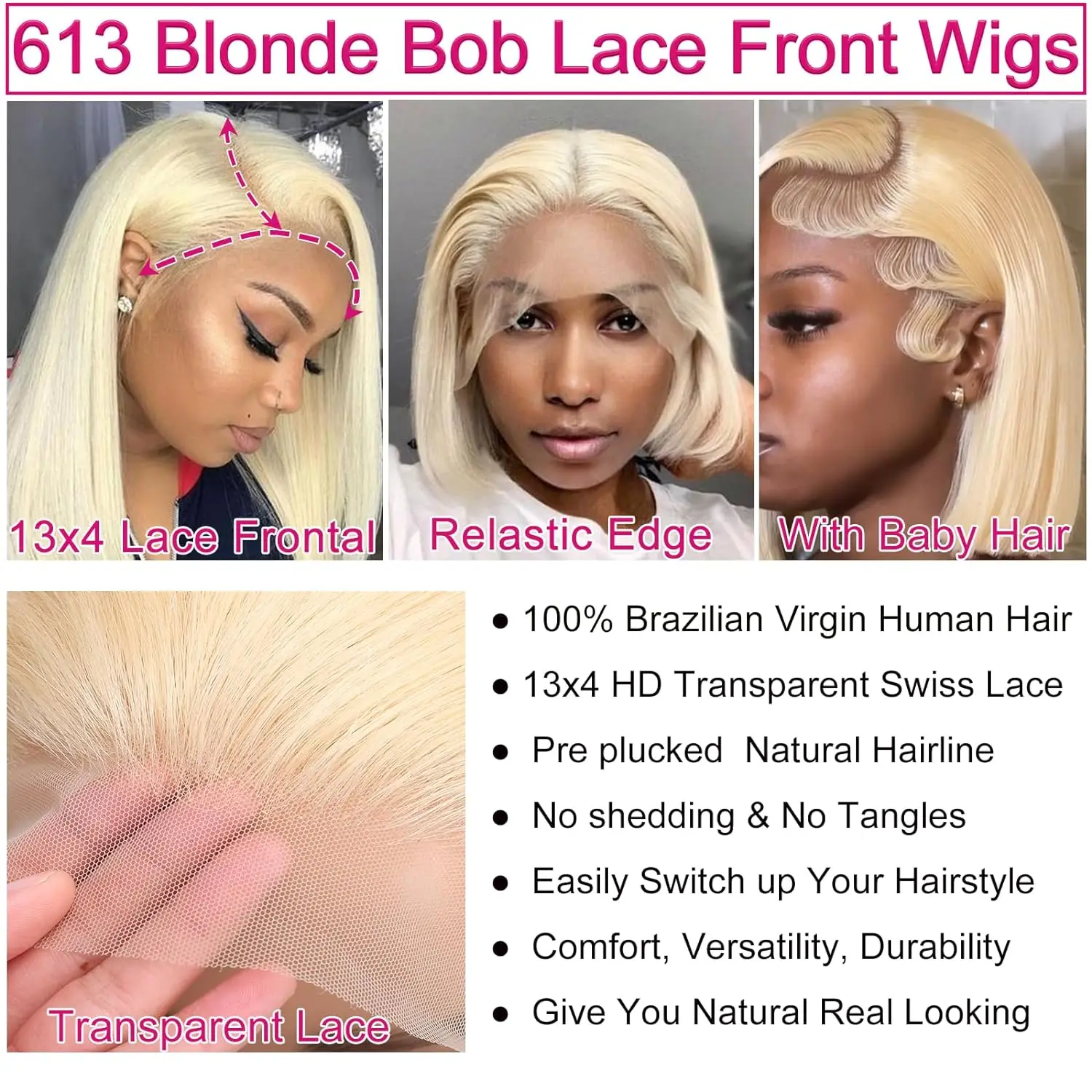 613 Blonde Bob Wig Human Hair 13x4 HD Lace Front Wigs 180% Density Honey Blonde Wigs Human Hair Pre Plucked Bleached Knots Sale