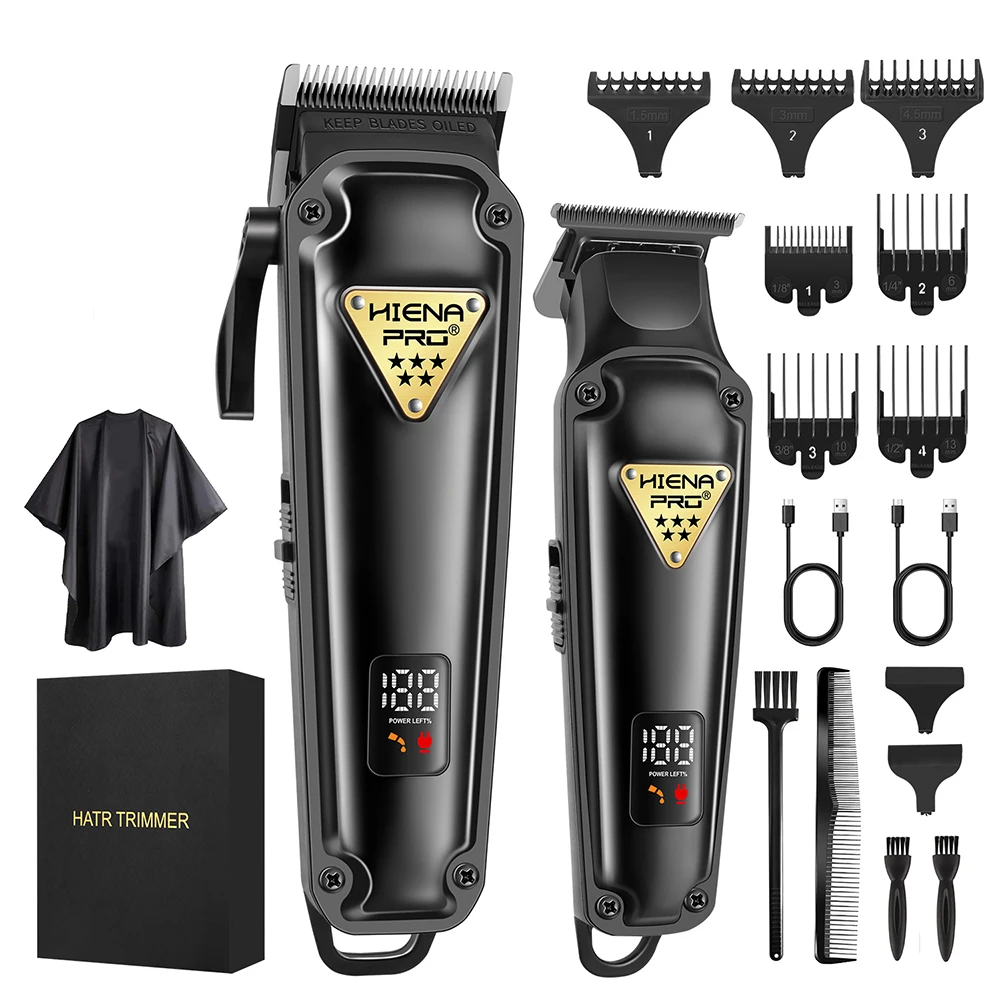 HIENA PRO Professional Hair Clipper T Blade Trimmer Set Metal Body Cordless USB Rechargeable LCD Display Barber Hair Cutting Kit With Guide Combs Hair Cape For Men Home Salon