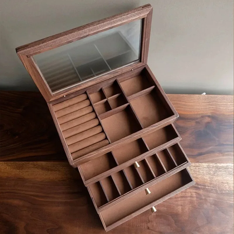 Vintage Jewelry Storage Box Wooden Drawer Earring Bracelet Organizer Boxes Minimalist Large Jewellry Container Ring Display Case