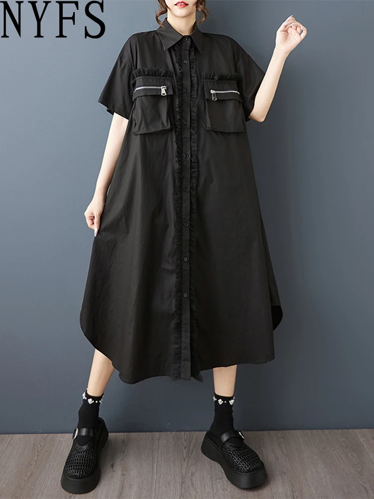 NYFS Estate 2025 Abito da donna a maniche corte con patchwork in rete tascabile allentato taglie forti