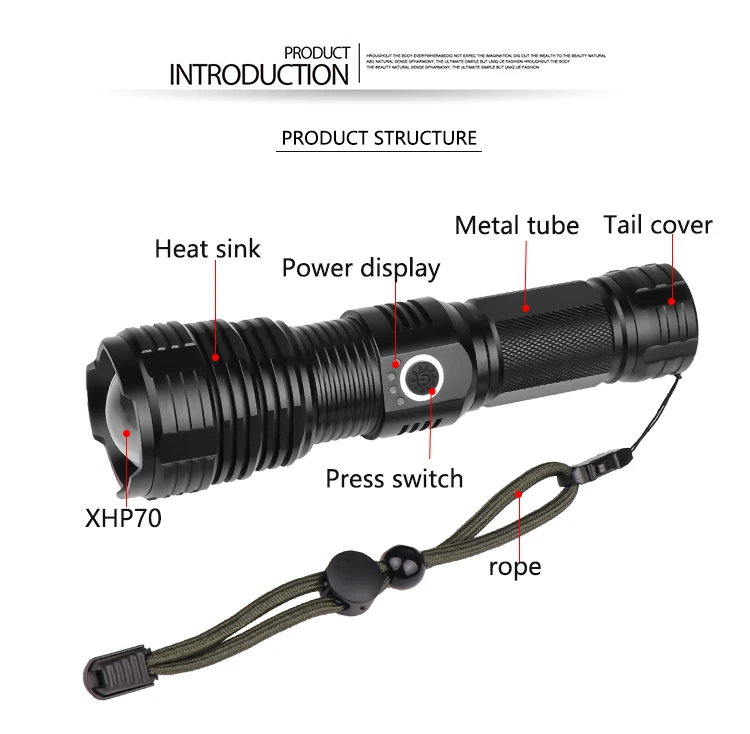 Powerful XHP70/XHP50 LED Flashlight Aluminium Alloy Tactical Flashlights Waterproof Torch Zoomable Torch for Camping Hiking