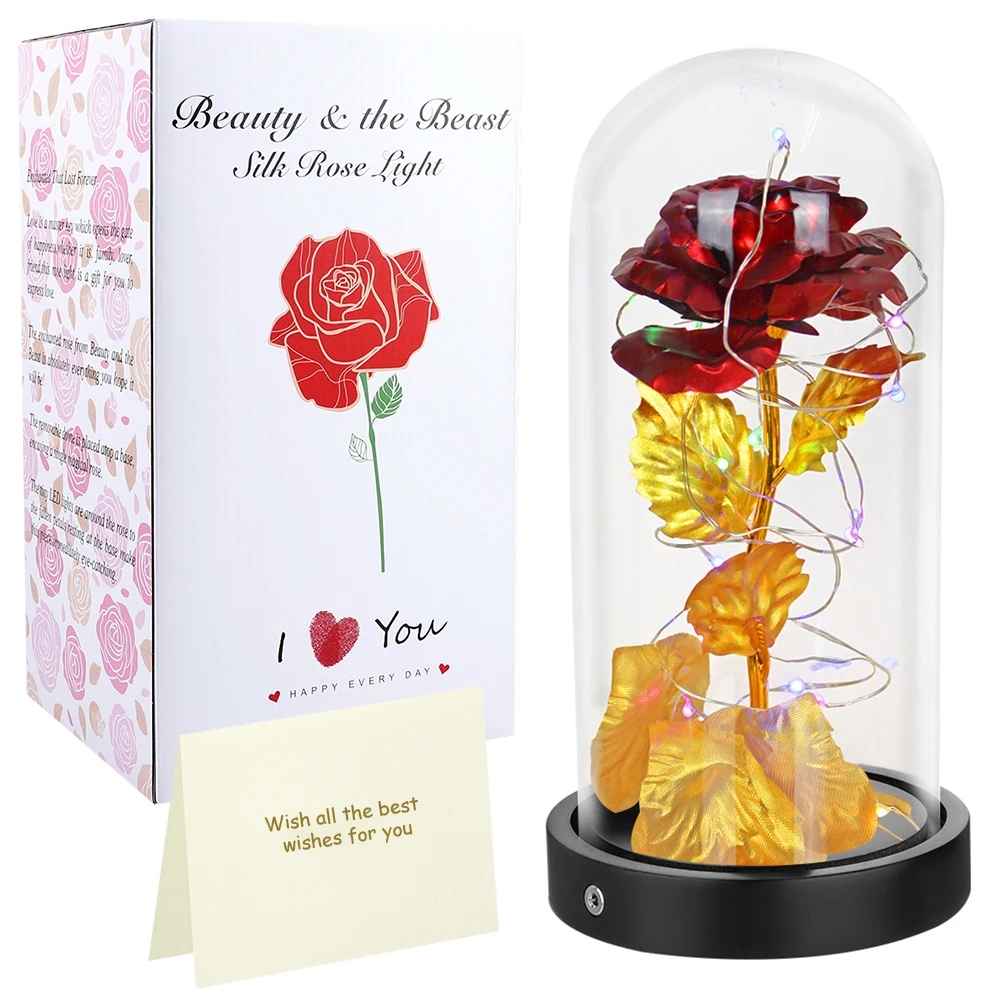 Beauty And The Beast Rose Kit USB Battery Rose in Glass Dome Valentine\'S Day Gift Colorful LED Lights Artificial Rose Flowers