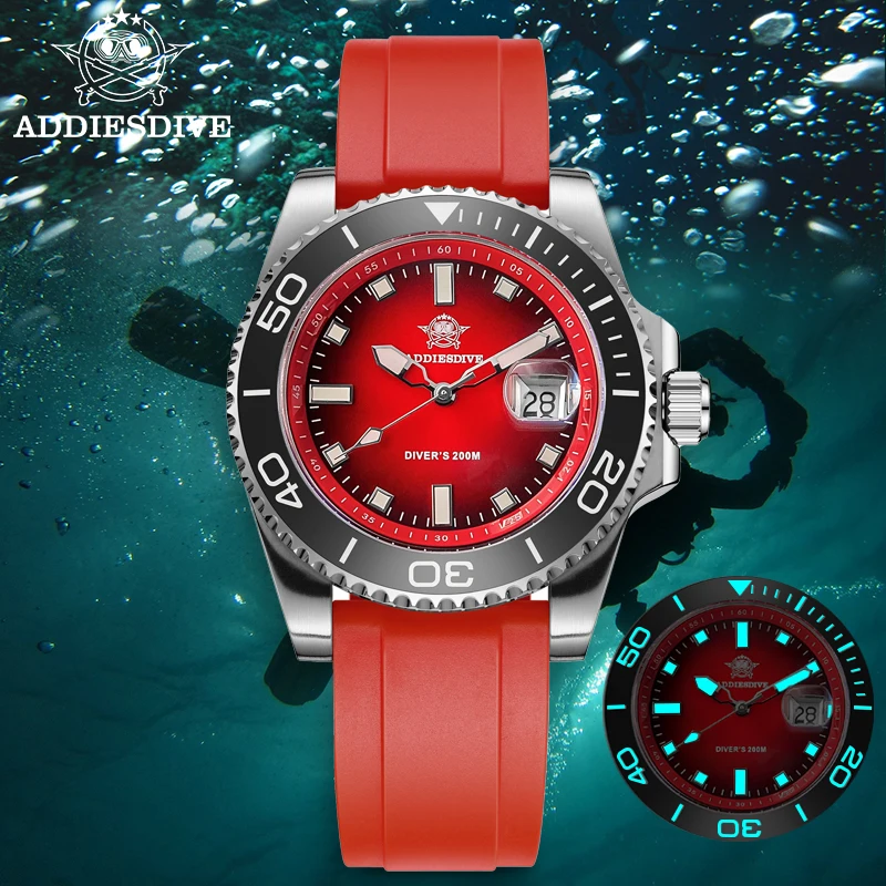 ADDIESDIVE Herren-Quarz-Taucheruhr, Kuppelglas, Keramiklünette, Armbanduhr, superleuchtend, wasserdicht, 200 m Kautschukarmband, modische Uhren