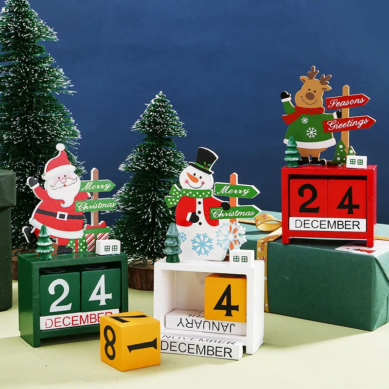 Weihnachtsmann Weihnachtsbaum Geschenk Holzkalender Desktop-Dekoration Ornamente Holzkalender Ornamente für Heimdekoration