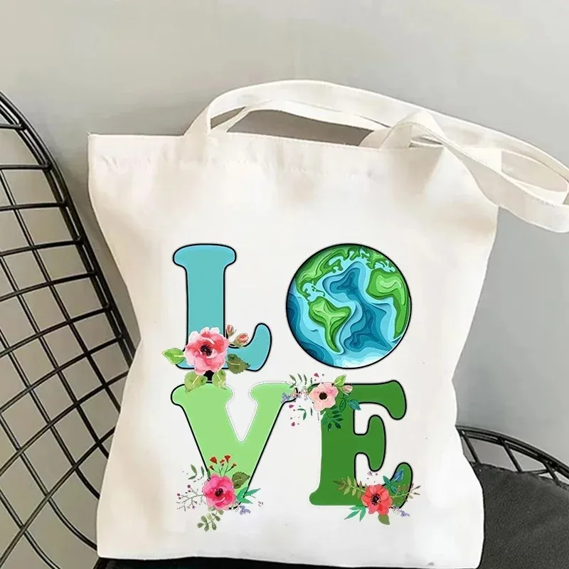 

Earth Day LOVE Pattern Canvas Tote Bag Eco-Friendly Practical Shoulder Bag For Shopping Daily Use