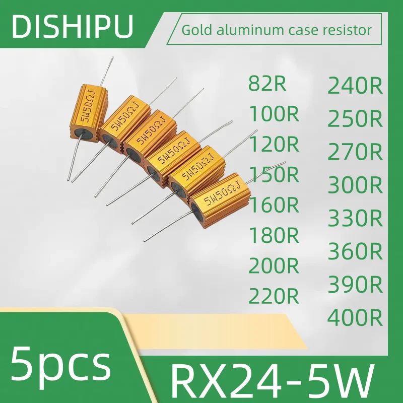 

5PCS RX24-5W gold aluminum case resistance 82R 100R 120R 150R 160R 180R 200R 220R 240R 250R 270R 300R 330R 360R 390R 400R