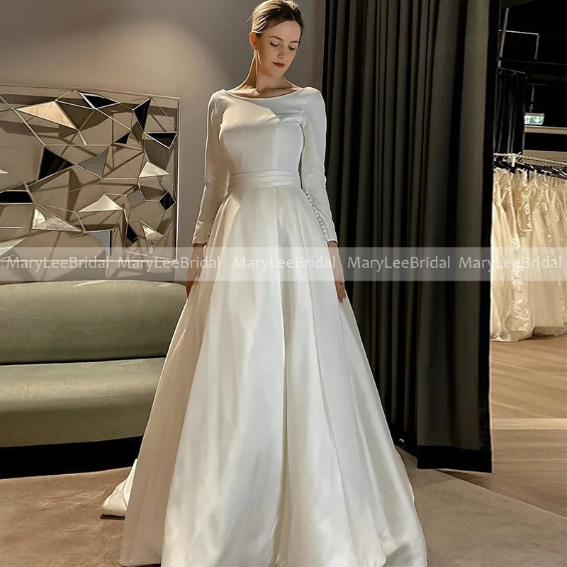

Modest A-line Wedding Dress with Long Sleeve Buttons Satin A-line Ivory Bridal Gowns Conservative Dress for Church Wedding 2023