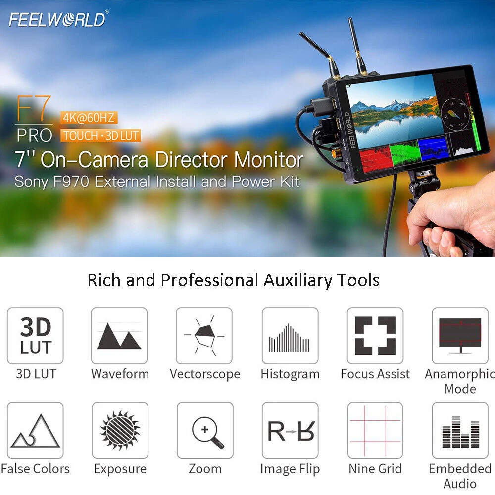 FEELWORLD F7 PRO 7-inch Camera On-site Monitor 4K HDMI 3D LUT LCD IPS Touch Screen 1920x1200 IPS F970 External Power Kit