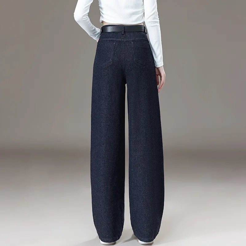 여성용 다크 블루 하이웨이스트 와이드 레그 청바지, 가을 신상 루즈 슬림 데님 스트레이트 레그 바닥 길이 바지