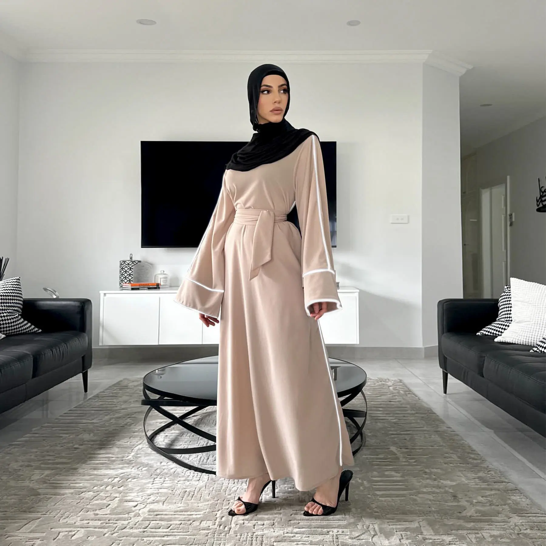 Muçulmano abaya multi cor longo cardigan com guarnição branca elegante modesto islam outerwear para mulher tecido premium estilo dubai 2025