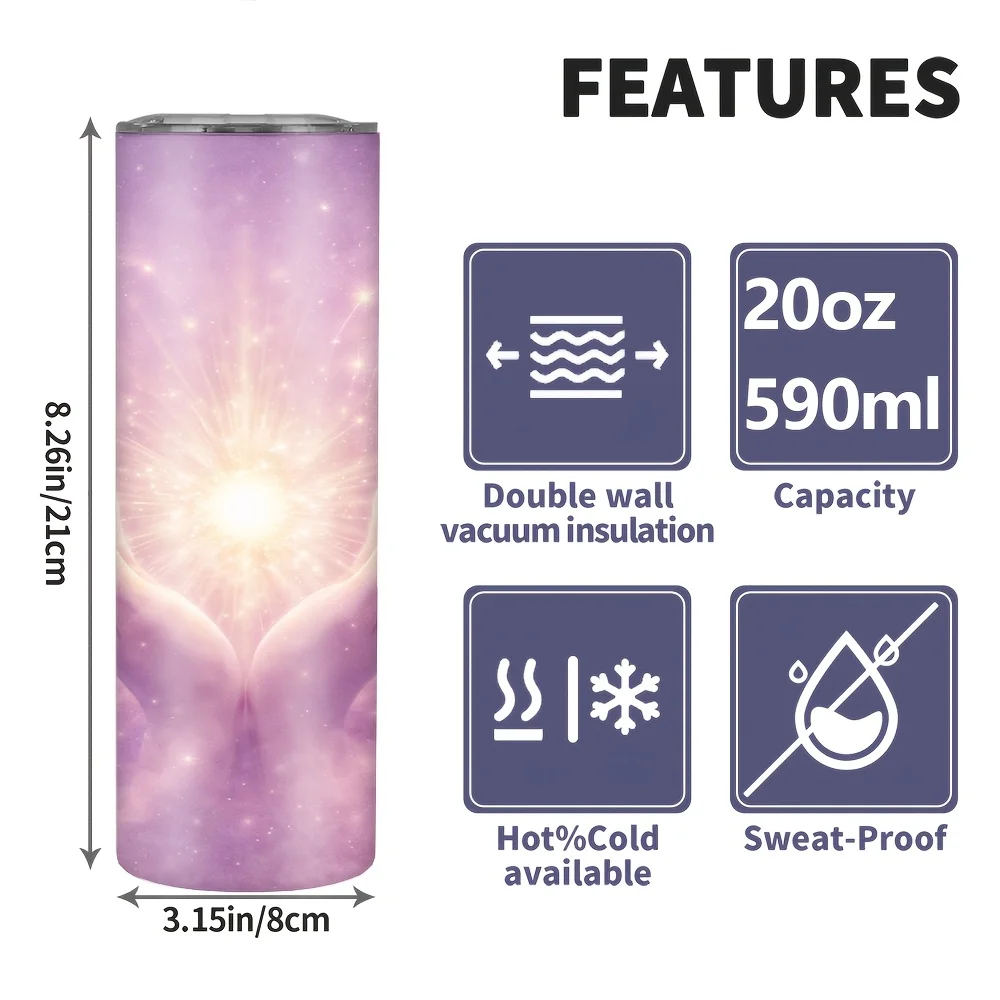 1pc/20oz/590ml/Double Wall Stainless Steel Insulated Skinny Tumbler with Straw And Lid,Outdoor Travel Coffee Mug,Dreamy Purple Background,Hands Holding Radiant Starburst,Heart-Shaped Light Swirls,Festive Gift-Themed,Special Gifts for Friends