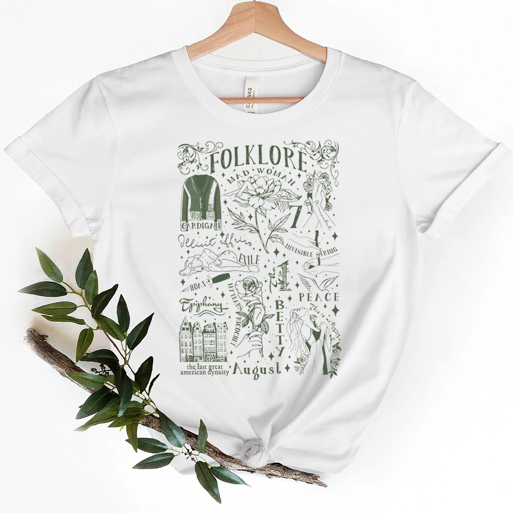 Camiseta de algodón Vintage para mujer, camisa de manga corta, cuello redondo, estampado, Folklore The Eras Tour