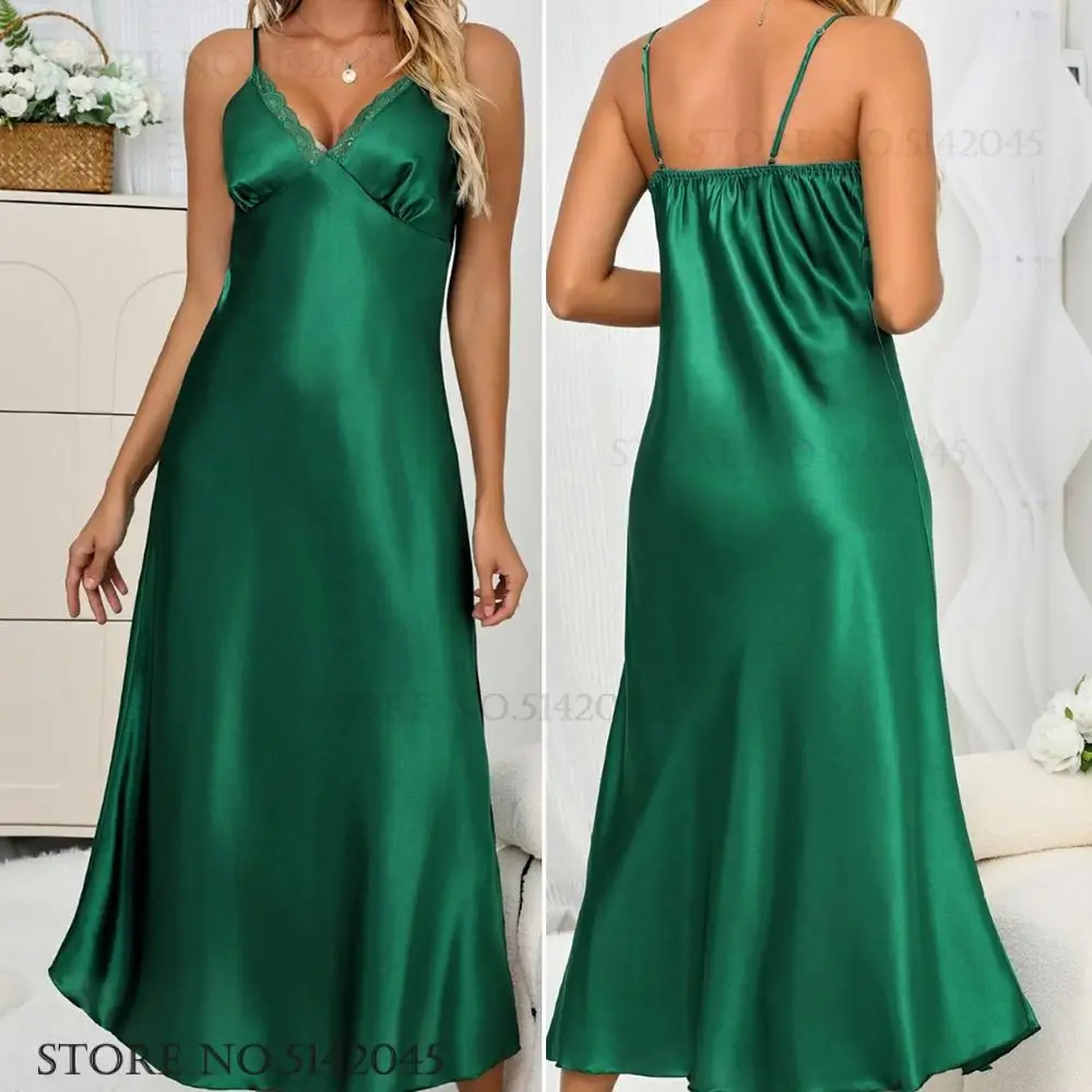 Green Silk Satin Nightgown Women Chemise Sleepwear Sexy Long Suspender Nightdress Intimate Lingerie Summer Comfortable Homewear