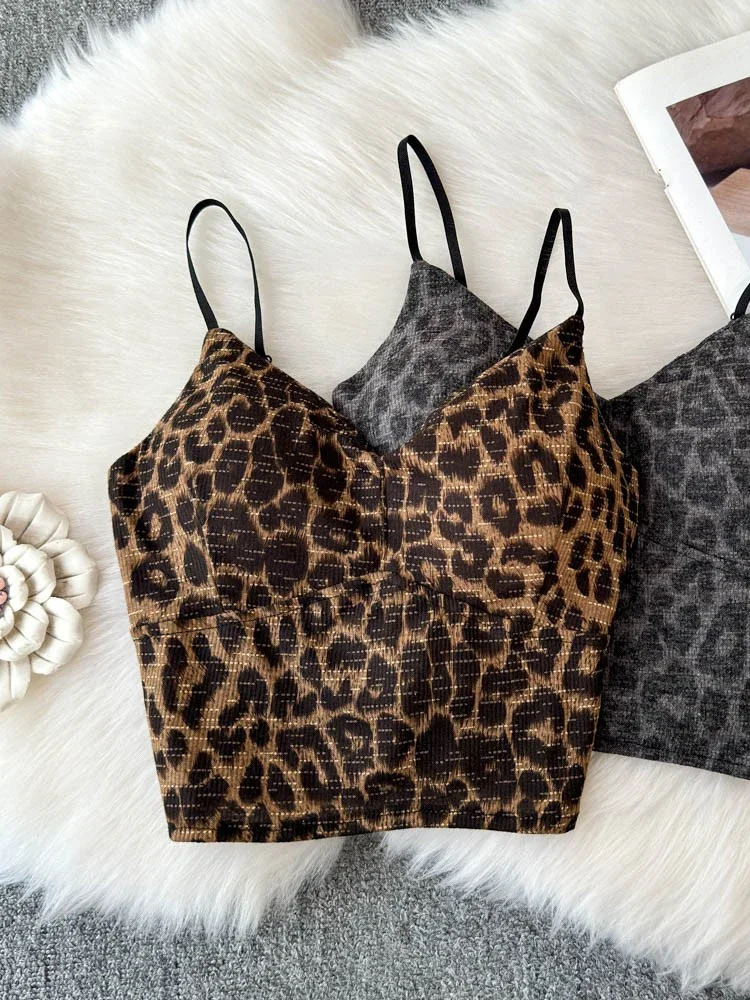 SsTss Retro Leopard Print Backless Sling Vest Women's Sexy Slim Fit Inside Girl Corset with Chest Pad Short Tank Top Outside