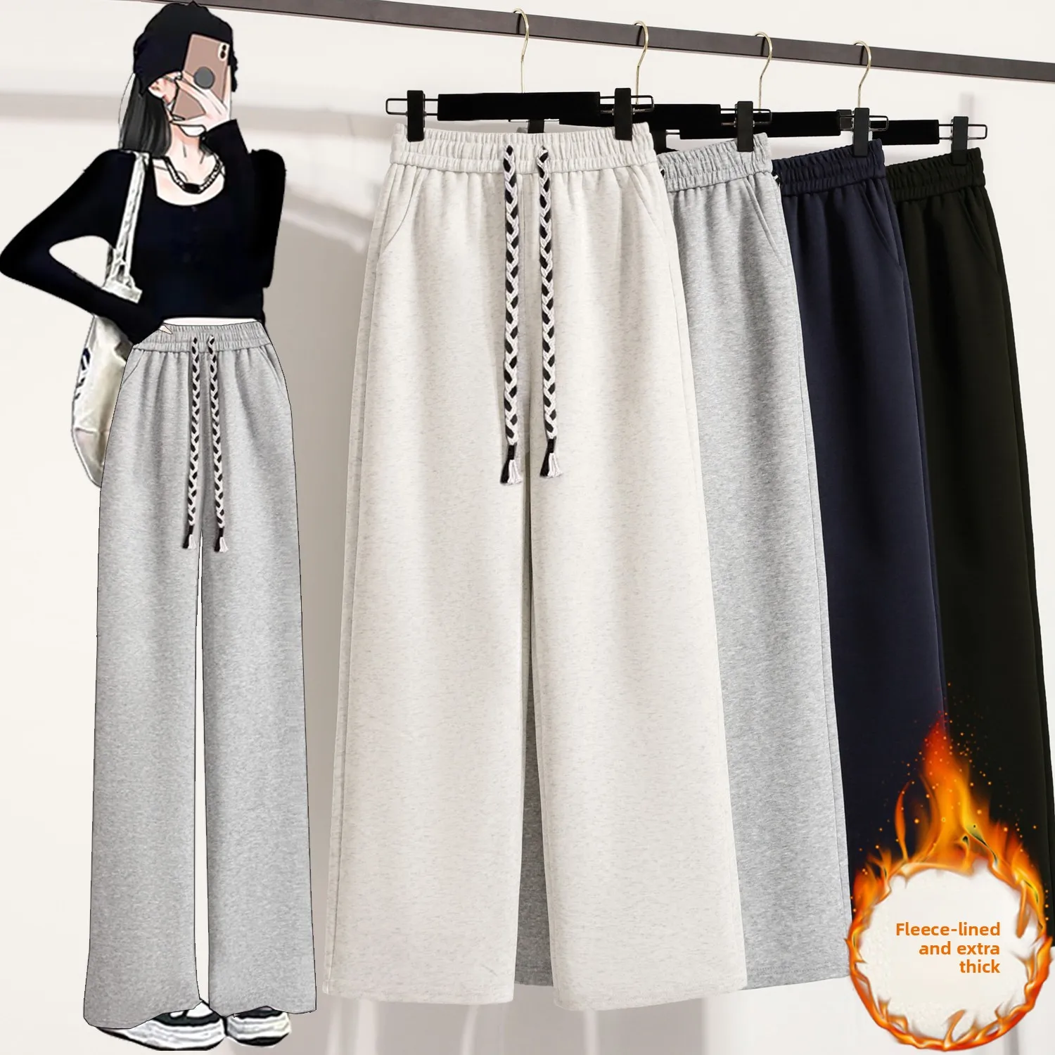กางเกงขายาวทรงตรงขากว้างสไตล์ลำลองเอวสูงสำหรับผู้หญิง ผ้าสวมใส่สบาย อุ่น เหมาะสำหรับฤดูหนาว